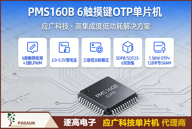 应广科技PMS160B 6 触摸键 OTP 单片机技术手册_开发指南 + 代码示例,低功耗配置、LPWM 驱动代码、触摸电极设计规范及应用案例。详解最小系统搭建、开发环境配置