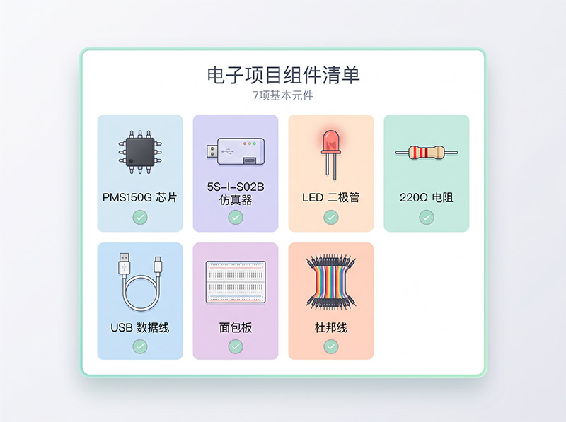 应广单片机LED闪烁项目所需元件清单，包括PMS150G芯片、5S-I-S02B仿真器、LED发光二极管、220Ω限流电阻、USB线缆、面包板和跳线