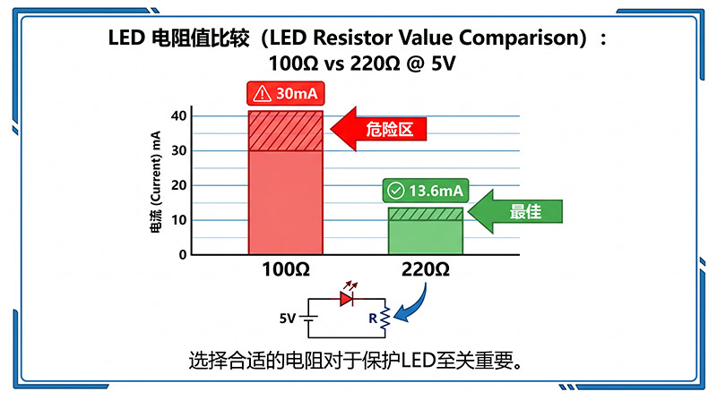 LED电流计算对比图表，展示220Ω电阻在5V电压下产生13.6mA电流与100Ω电阻产生30mA电流的对比数据