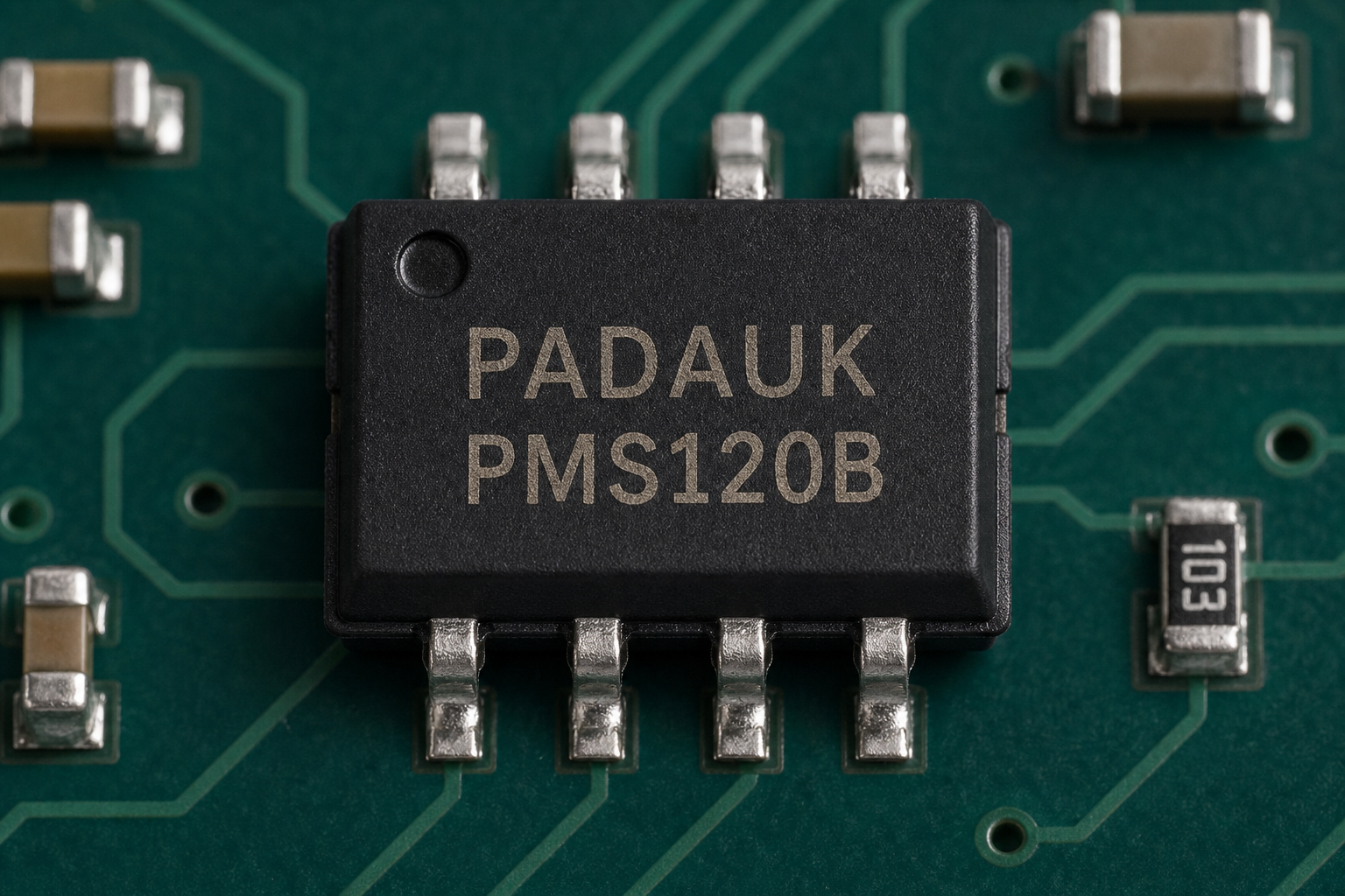 应广PMS120B-S08A SOP8封装8位OTP单片机，AI生成实拍风格产品示意图